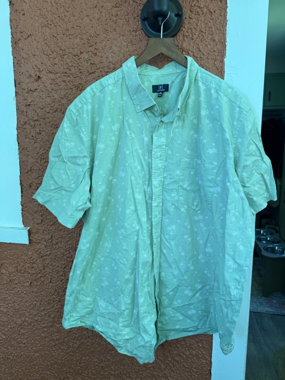 George Palm Trees Light Green Button Down Collared Short Sleeve 2XL Shirt 
